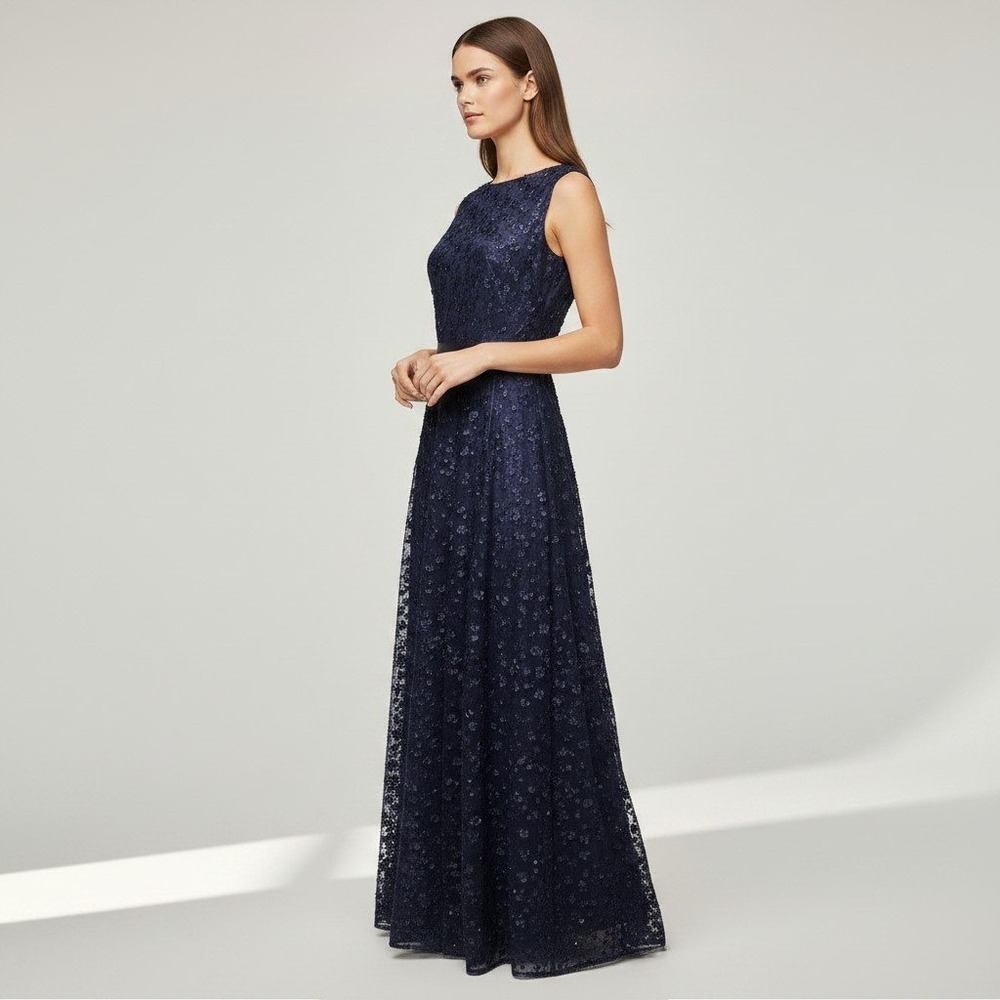 Tahari Arthur S Levine Navy 3D Floral Lace Sequin Gown V-Back Dress Size 8